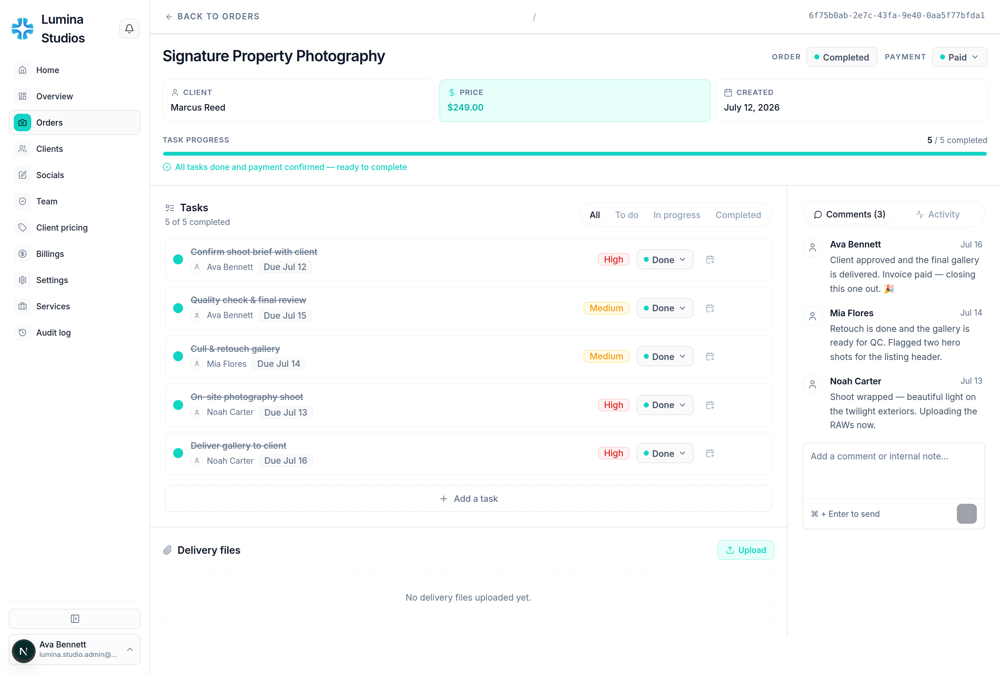 Opsable order details — status, client, price, task progress, and team comments